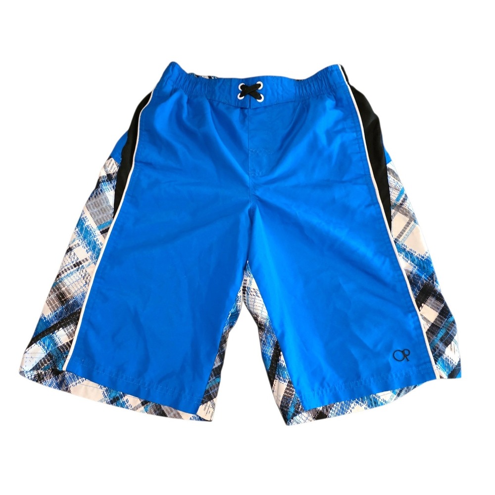 OP Ocean Pacific Boys Blue‎ Plaid Swim Trunks Board Shorts Size XL 14-16